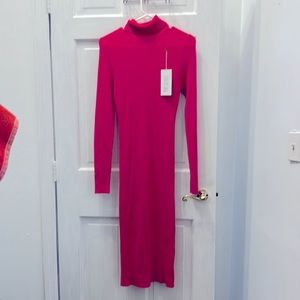 Hot pink ribbed dress! Versatile- black jacket & boots for work or alone belted!
